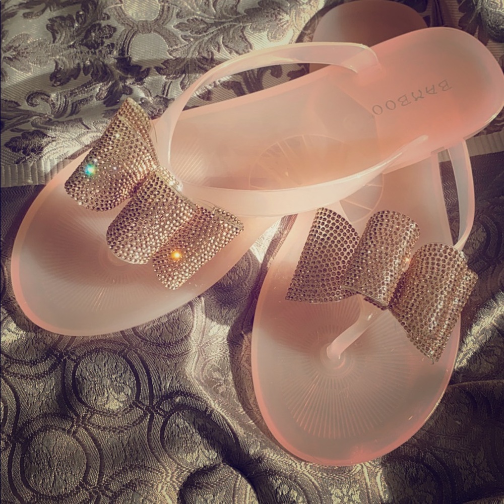 NEW🔥 Nude Thong Open Toe Crystal Bow Jelly Sandal